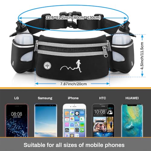 Hydration Running Belt with Water Bottles(2 x 300ML), Luckit Nylon Webbing Running Waist Bag Reflective Bum Bag Adjustable Sports Waist Pouch for Marathon Running Hiking Camping Jogging (Black) - color: Black