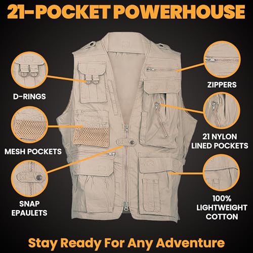 Humvee Utility Vest with 21 Pockets -Travel, Safari, Hunting, Camping, 100% Cotton, Tactical Jacket for Men & Women - color: Khaki, size: X-Large