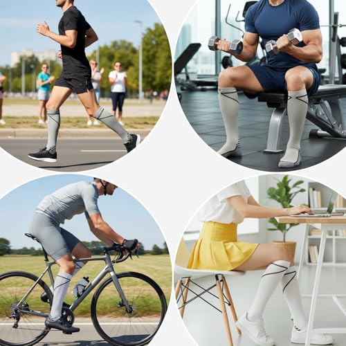 fenglaoda 8 Pairs Compression Socks for Men & Women 20-30 mmHg Knee High Nurse Pregnant Running Medical and Travel Athletic - color: 03-8 pairs-grey/white line, size: Small-Medium