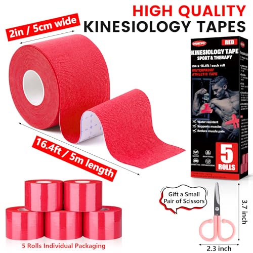 5 Rolls Red Kinesiology Tape, 2 inch x 16.4 Feet Kinetic Tape - color: Red