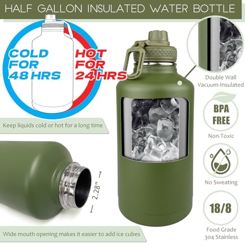 DEFUNX 64 Oz Insulated Water Bottle with Sleeve (All Military Green) - Half Gallon Water Jug with Handle - Stainless Steel Sports Water Bottle for Gym Workout Hiking Tactical Bottle with Pouch - color: Green Bottle with Military Green Sleeve, style: 64 Oz
