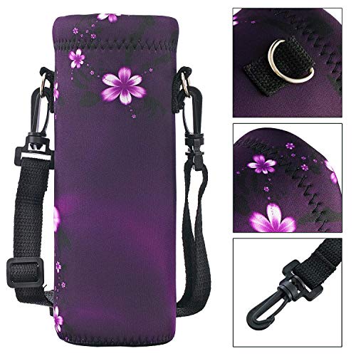 RICHEN Neoprene Water Bottle Carrier Bag with Adjustable Shoulder Strap,Insulated Water Bottle Cover for Stainless Steel/Glass/Plastic Bottles - color: Purple Flowers, size: 500ml