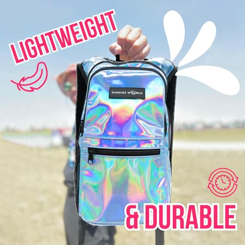 Kandies World Reflective Festival Hydration Pack - 2L Hydropack for Raves, Hiking, Biking, Running, and More (with Anti-Theft Pocket) - style: Blue Holographic