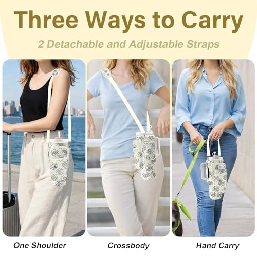 Water Bottle Carrier Bag for Stanley Cup 40/30oz, Neoprene Water Bottle Holder Pouch with 3 Pocket Adjustable Shoulder & Hand Strap - color: Daisy Polka Dots