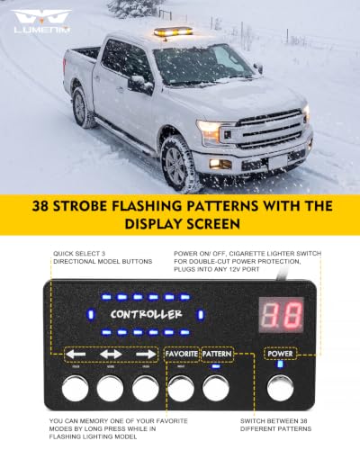 LUMENIX 42 LED Roof Top Strobe Beacon Light Bar Hazard Warning Emergency Flashing Plow Lights with Controller for Construction Vehicles Tow Trucks Postal Cars Snowplow Amber White (Patent Design) - color: White Amber