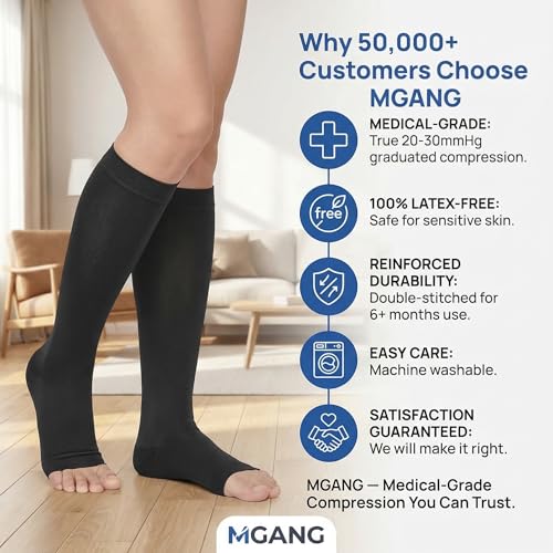 MGANG Medical Compression Stockings for Women & Men 20-30mmHg, Open Toe - color: Knee High Open Toe Black, size: Medium