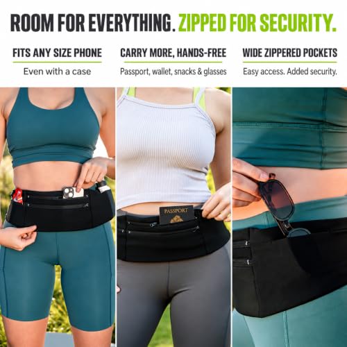 StashBandz Running Belt & Money Belt, 3 Zipper Pockets + Bottle Holder - size: Large