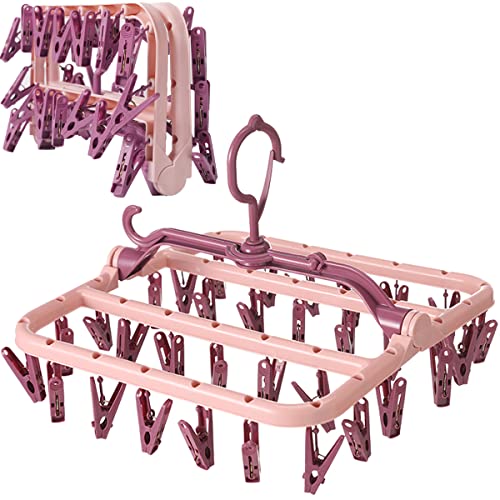 Foshine Clothes Drying Racks Foldable Clip Hangers Plastic with 32 Clips - color: Pink