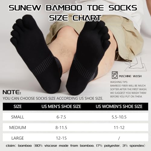 Sunew 3 Pairs Toe Socks for Men Women,Viscose Bamboo Breathable Athletic Running Five Finger Ankle/Quarter Socks - color: 3 Pairs Black Gray, size: Small