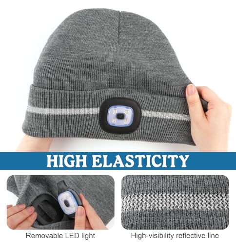 MELASA Reflective Stripe Beanie with the Light, Warm Hat with Light Outdoor - color: Black