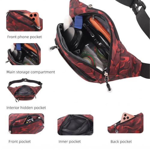 Large Fanny Pack for Men Women NSYOOMH, Crossbody Waist Bag 5-Zipper Pocket - color: Fashion Red