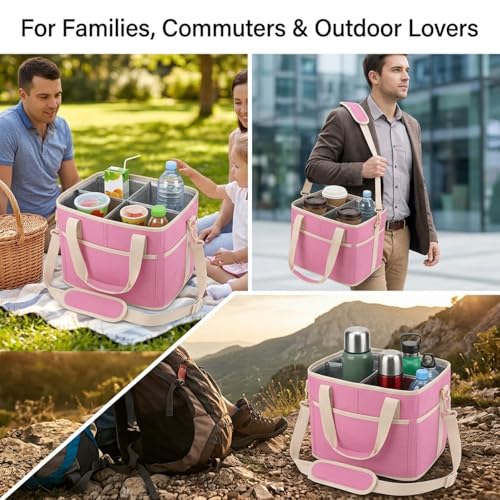 Drink Carrier Bag, 4 Compartment, Insulated Drink Carrier – Water Bottle Holder with Strap, Padded Handle Grip, Family Picnic Cooler Bag for Travel, Commute (Black) - color: Pink