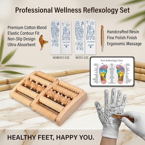 Wooden Foot Massager Roller with Reflexology Socks and Gloves Tools Set for Circulation, Pain Relief in Wide Feet, Health Promotion, Gift for Mom, Dad, or Elderly
