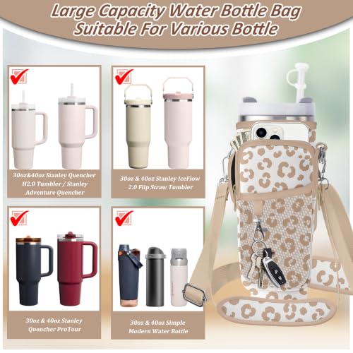 Water Bottle Carrier Bag for Stanley 40/30oz Cup Tumbler with Phone Pocket,Insulated Crossbody Water Bottle Holder with Adjustable Strap,Water Bottle Sling Pouch for Hiking Walking Camping Accessories - color: Leopard Grace Brown