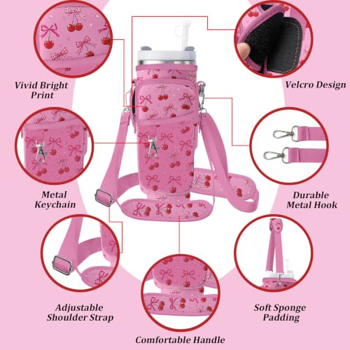 Water Bottle Carrier Bag for Stanley 40/30oz Cup Tumbler with Phone Pocket,Insulated Crossbody Water Bottle Holder with Adjustable Strap,Water Bottle Sling Pouch for Hiking Walking Camping Accessories - color: Pink Cherry Bow