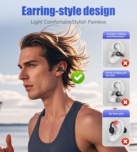 Kinglucky i21 Open Ear Clip On Earbuds Wireless Bluetooth Ear Clip Headphones with Mic,Noise Cancelling, Waterproof IPX4,for Small Ears,Perfect for Running,Sports,Glasses Wearers (Black) - color: Black