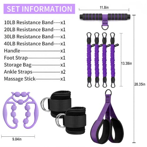 Pink Pedal Resistance Band with Handle, 4 Tubes & Ankle Cuffs - color: Purple