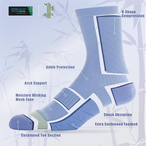 BRISIRA Coolmax Bamboo Viscose Compression Running Crew Socks Women - color: White + Pink + Blue, size: 5-7