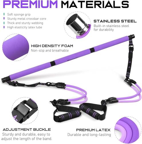 Pilates Bar Kit with Resistance Bands, Pilates Workout Equipment for Women - color: Purple