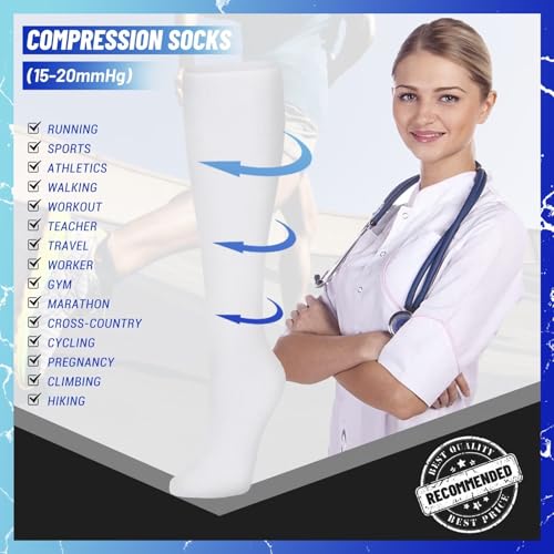 3 Pairs Compression Socks for Women & Men 15-20 mmHg, Knee High - color: 02 White/White/White, size: Small-Medium