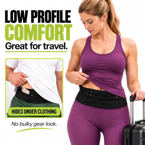 StashBandz Running Belt & Money Belt, 3 Zipper Pockets + Bottle Holder - size: Large