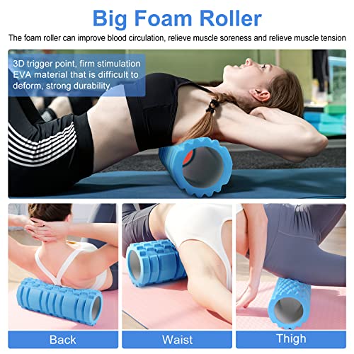 Aucuu 6 in 1 Foam Roller Set Includes Hollow Core Massage Roller, Yoga Stick, Massage Ball, Fitness Stretching Strap, Massage Roller, Carrying Bag, Towel (Blue) - color: Blue