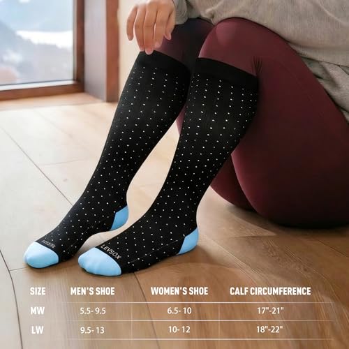 LEVSOX Bamboo Viscose Wide Calf Compression Socks 20-30 mmHg with Cushioned - color: Black Polka Dots, size: Medium
