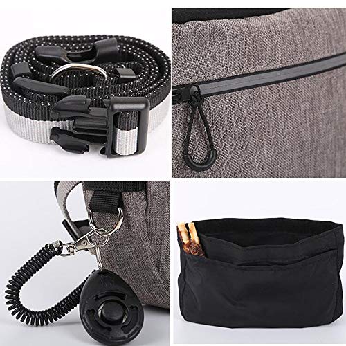Pet Dog Treat Pouch Waist Bag, Auto Closing Waterproof Oxford Adjustable Training Belt Bags with Poop Bag Dispenser + Dog Collapsible Bowl for Dog Cat Running, Walking, Feeding (Grey) - color: Grey
