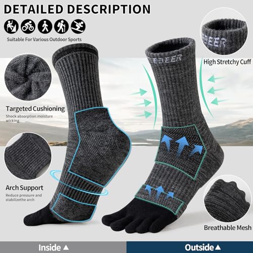 Merino Wool Toe Socks,Hiking Running Crew Socks for Women Men - color: Dark, size: Large
