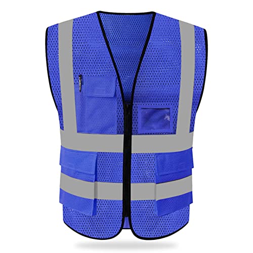 HYCOPROT High Visibility Mesh Safety Reflective Vest with Pockets and Zipper, Meets ANSI/ISEA Standards - color: Blue, size: Large