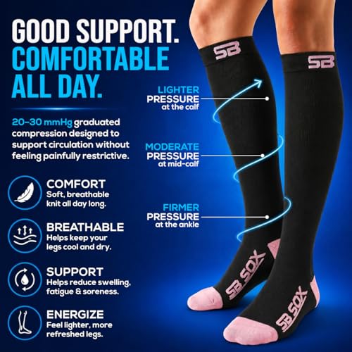 SB SOX Compression Socks for Men & Women (20-30mmHg) - color: Two Stripes (Black/Pink), size: Small