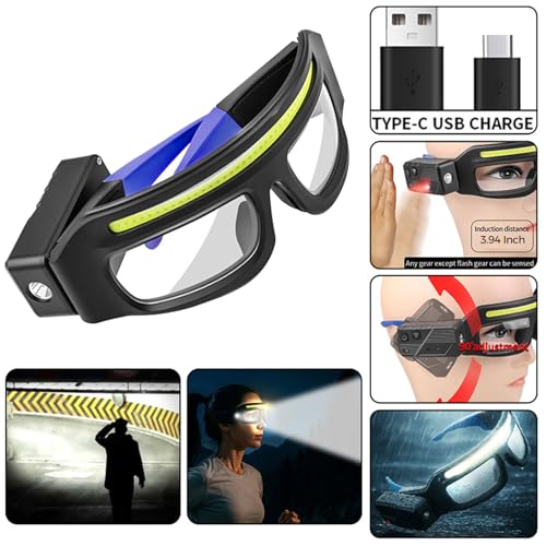 LED Headlight Glasses Rechargeable Headlight Glasses with Motion Sensor & Touch Control, Adjustable Safety Eyewear - color: Blue