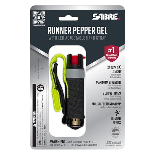 SABRE Runner Pepper Gel Spray for Running, Walking & Personal Safety - color: Pepper Gel with LED Hand Strap, Yellow