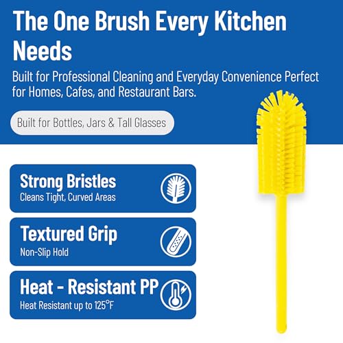 SPARTA Large Water Bottle Brush Ideal for Wide-Mouth Jars, Bottles and Tumblers, Dishwashing Tool with Handle for Home and Commercial Kitchens, Plastic, 16 Inches, Yellow (Pack of 4) - color: Yellow