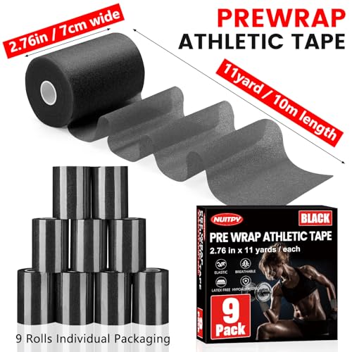 9 Pack Black Pre Wrap Tape, 2.76 Inch x 11 Yards Prewrap Athletic Tape - color: Black