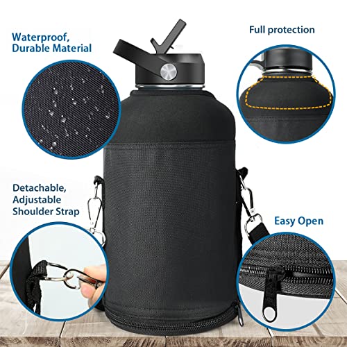 BUZIO Water Bottle Insulated Sleeve, Bottle Carrier with Strap - color: Black, size: 64oz