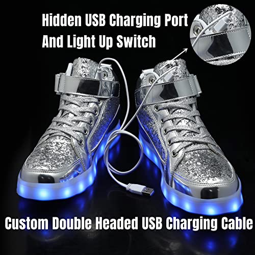 IGxx LED Light Up Shoes for Men Women Sparkly Sneakers High Top - color: Glitter Silver, size: 6.5 Women/6 Men