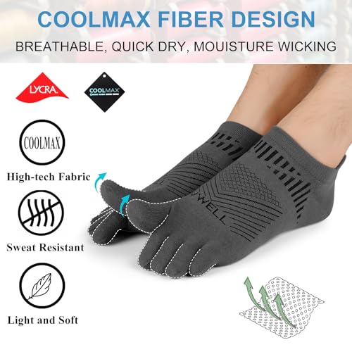 VWELL Toe Socks for Men Women COOLMAX Athletic Running Ankle Socks (3Pairs) - color: Grey, size: Medium
