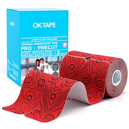 OK TAPE Kinesiology Tape PRO Pre-Cut Latex Free Strips 2in x 16.4ft 2Rolls - color: Red+black