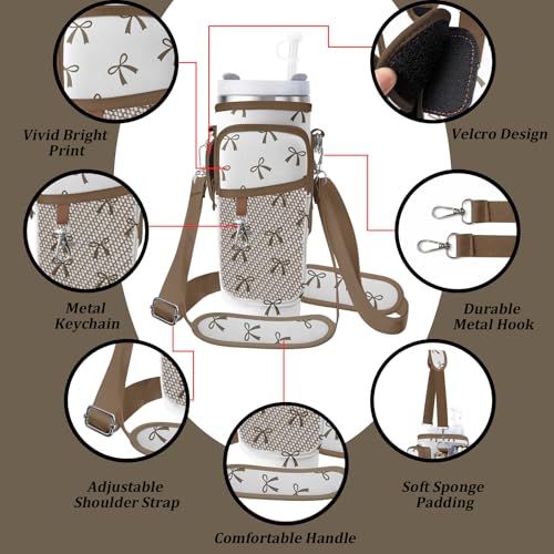 Water Bottle Carrier Bag for Stanley 40/30oz Cup Tumbler with Phone Pocket,Insulated Crossbody Water Bottle Holder with Adjustable Strap,Water Bottle Sling Pouch for Hiking Walking Camping Accessories - color: Brown Bow Tie