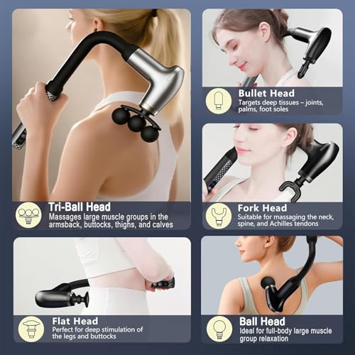 Massage Gun with Upgraded Extension Handle, Back Massager for Pain Relief Deep Tissue, 12MM Percussion Less-Shock Neck/Foot/Leg/Shoulder Massager, 9 Speed Levels & 5 Replaceable Heads (Space Silver) - color: Space Silver