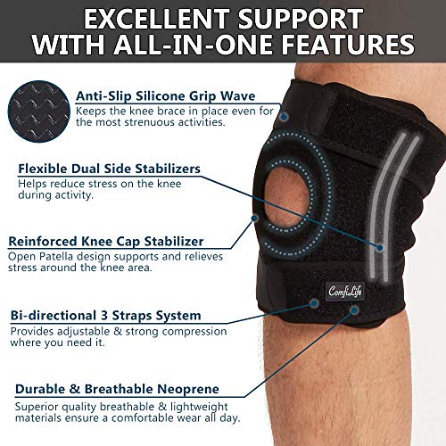 ComfiLife Knee Brace for Knee Pain Relief – Neoprene Knee Brace for Working Out, Running, Injury Recovery – Side Stabilizers – 3 Point Adjustable Compression – Open Patella Support,Non-Slip (X-Large) - size: X-Large (Pack of 1)