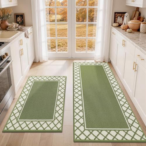 COSY HOMEER Washable Kitchen Rugs Sets of 2 Non-Slip Kitchen Mats,Green - color: Green, size: 24"x35" + 24"x60"