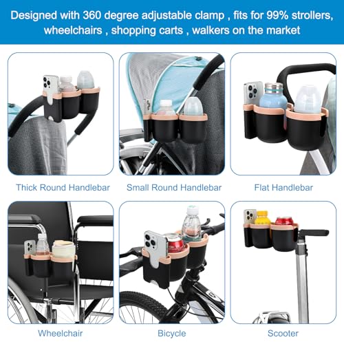 Accmor Stroller Cup Holder with Phone Holder, Bike Cup Holder, Walker Scooter Wheelchair Cup Holder Attachment, Universal Cup Holder for Uppababy Graco Strollers - color: Double Holder-Pink