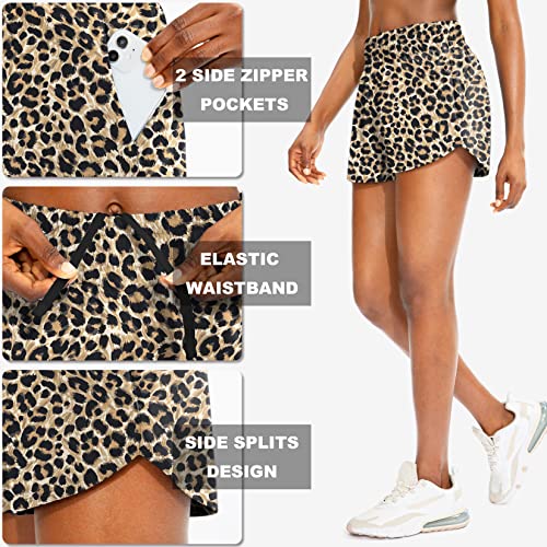 SANTINY Women's Athletic Running Shorts with Zipper Pockets - color: Brown Leopard, size: X-Small