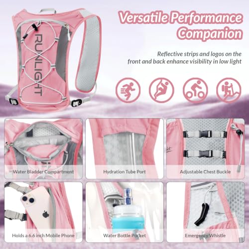 Runlight Running Vest for Women Men, Adjustable Hydration Backpack Breathable Reflective with 1.5L Water Bladder for Hiking, Trail, Running, Marathons, Cycling - color: Pink