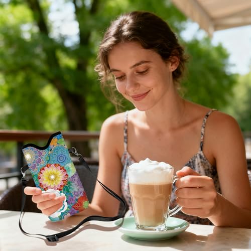 GLOBLELAND Mandala Flowers Nylon Cell Phone Sleeve Pouch Case Bag 7.1×3.9 inch Datura Flowers Shockproof Universal Phone Bag with Crossbody Strap Neck Lanyard for Women Men Phone Headphones Watch - color: Mandala