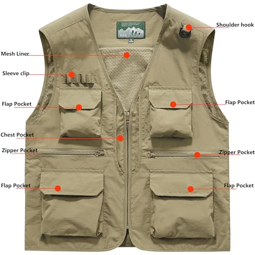 Men's Utility Fishing Cargo Vest Outdoor Lightweight Safari Travel Photo Vest Hiking Waistcoat With Multi Pockets - color: Khaki, size: Small