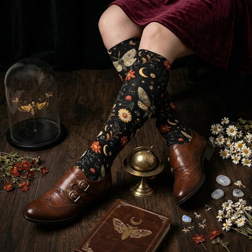 Cute Compression Socks Knee High Support Stockings Women Men - color: Moon Moth Flower