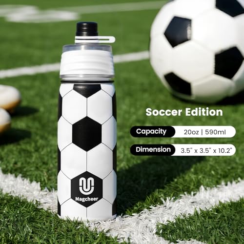 Soccer Water Bottle - 20oz Insulated Misting Water Bottles Stainless Steel 3D Textured - Soccer Accessories Gift for Kids - color: Soccer